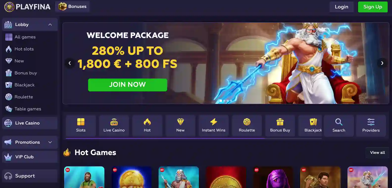 Playfina Casino website preview